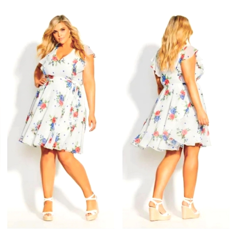 🪻City Chic Red, White, and Blue Flutter Sleeve Floral Sundress